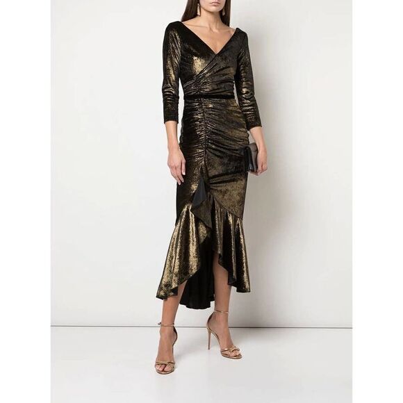 Marchesa Notte Metallic Foiled Gold Black Velvet Ruched Midi Dress Womens 2 NWT - Picture 1 of 8